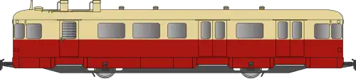 Autorail en livrée de la compagnie de l'Est, bas de caisse rouge et haut de caisse crème.