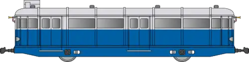 Autorail avec un bas de caisse bleu foncé et un haut de caisse gris clair.