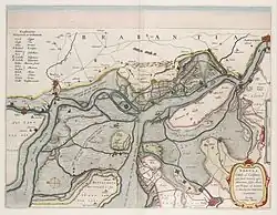 Le fort Lillo (positionné sur la rive droite de l'Escaut, à l'est de Zandvliet, à hauteur du groupe de bateaux descendant le fleuve sur la carte) d'après Blaeu vers 1630.