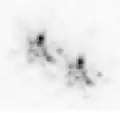 Image à courte exposition typique de cette étoile binaire du même ensemble de données, mais sans utiliser de traitement de speckle. L'atmosphère de la Terre a pour effet de briser l'image de chaque étoile en taches.