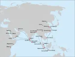 Itinéraire du septième voyage de la flotte de l'amiral chinois Zheng-He (1431-1433).