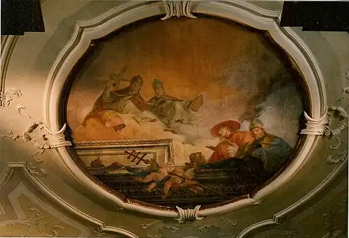 Peinture figurant en contre-plongée un pape et un évêque flottant sur des nuages.