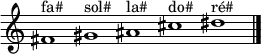 {
\new Staff \with { \remove "Time_signature_engraver" }
\clef treble
\time 5/1
fis'1^"fa#" gis'^"sol#" ais'^"la#" cis''^"do#" dis''^"ré#"
\bar "|."
}