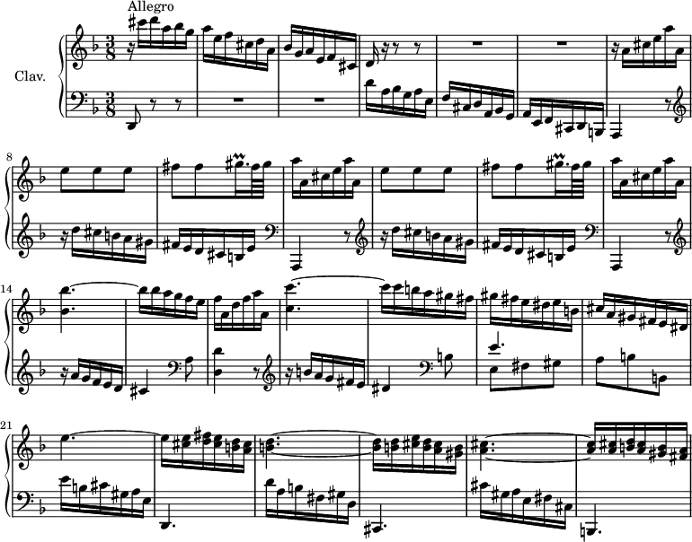 \version "2.18.2"
\header {
tagline = ##f
% composer = "Domenico Scarlatti"
% opus = "K. 553"
% meter = "Allegro"
}
%% les petites notes
trillGisqqp = { \tag #'print { gis16.\prall } \tag #'midi { a32 gis a } }
upper = \relative c'' {
\clef treble
\key d \minor
\time 3/8
\tempo 4. = 54
\set Staff.midiInstrument = #"harpsichord"
\override TupletBracket.bracket-visibility = ##f
s8*0^\markup{Allegro}
r16 cis'16 d a bes g | a e f cis d a | bes g a e f cis | { \tag #'print d16 \tag #'midi r16 } r16 r8 r8 |
% ms. 5
R4.*2 | r16 \repeat unfold 2 { a'16 cis e a a, | e'8 e e | fis fis \trillGisqqp fis64 gis | a16 }
% ms. 13 suite
a,16 cis e a a, | < bes bes' >4.~ bes'16 bes a g f e | f a, d f a a, | < c c' >4.~
% ms. 18
c'16 c b a gis fis | gis fis e dis e b | cis a gis fis e dis | e'4.~ | e16 < cis e > < d fis > < cis e > < b d > < a cis > | < b d >4.~
% ms. 24
< b d >16 q < cis e > < b d > < a cis > < gis b > | < a cis >4.~
% ms. 30
< a cis >16 q < b d > < a cis > < gis b > < fis a > |
}
lower = \relative c' {
\clef bass
\key d \minor
\time 3/8
\set Staff.midiInstrument = #"harpsichord"
\override TupletBracket.bracket-visibility = ##f
% ************************************** \appoggiatura a16 \repeat unfold 2 { } \times 2/3 { } \omit TupletNumber
d,,8 r8 r8 | R4.*2 | d''16 a bes g a e | f cis d a bes g |
% ms. 6
a16 e f cis d b | \repeat unfold 2 { \clef bass a4 r8 \clef treble r16 d'''16 cis b a gis | fis e d cis b e } | \clef bass
% ms. 13
a,,,4 r8 | \clef treble r16 a''' g f e d | cis4 \clef bass a8 | < d, d' >4 r8 | \clef treble r16 b''16 a g fis e |
% ms. 18
dis4 \clef bass b8 | << { e4. } \\ { e,8 fis gis } >> | a8 b b, | e'16 b cis gis a e | d,4. | d''16 a b fis gis d |
% ms. 24
cis,4. | cis''16 gis a e fis cis | b,4. | % b''16 fis gis d e b | a,4 cis'8 | d e e, |
% ms. 30
% < a a' >4 < b b' >8 | < e, e' >8 a' b | e16 b cis gis, a e | d,4. |
}
thePianoStaff = \new PianoStaff <<
\set PianoStaff.instrumentName = #"Clav."
\new Staff = "upper" \upper
\new Staff = "lower" \lower
>>
\score {
\keepWithTag #'print \thePianoStaff
\layout {
#(layout-set-staff-size 17)
\context {
\Score
\override SpacingSpanner.common-shortest-duration = #(ly:make-moment 1/2)
\remove "Metronome_mark_engraver"
}
}
}
\score {
\keepWithTag #'midi \thePianoStaff
\midi { }
}