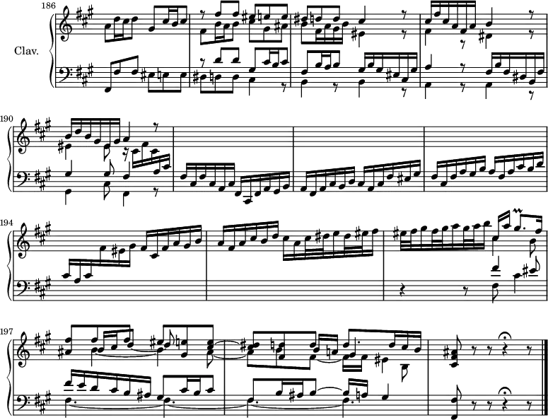 
\version "2.18.2"
\header {
  tagline=##f
}

trillGisqp   ={ \tag #'print { gis8.\prall } \tag #'midi { a32 gis a gis~ \tempo 4.=40 gis16 } }

upper=\relative c'' {
  \clef treble
  \key fis \minor
  \time 6/8
  \tempo 4.=62
  \set Score.currentBarNumber=#186
  \omit Staff.TimeSignature
    \bar ""

   % ms. 186
   a8 d16 cis d8 gis,8 cis16 b cis8|
   << { r8 fis8 fis eis e e|dis d d cis4 r8|cis16 fis cis a fis a b4 r8|b16 d b gis eis gis a4 r8 } 
   \\ { fis8 b16 a b8 cis gis ais|b fis16 a gis b eis,4 r8|fis4 r8 dis4 r8|eis4 eis8 r16 cis16 fis cis  \stemUp  \change Staff="lower" a cis } >> \stemUp  \change Staff="lower"
   % ms. 191
   fis,16 cis fis cis a cis fis, cis fis a gis b|a fis a cis b d cis a cis fis eis gis|fis cis fis a gis b a fis a cis b d|
   % ms. 194
   cis a cis \stemNeutral   \change Staff="upper" fis eis gis fis cis fis a gis b|a fis a cis b d cis a cis32 dis e16 dis32 eis fis16|eis32 fis gis16 fis32 gis a16 gis32 a b16
   % ms. 196 suite
   << { cis,16[ a'] \trillGisqp fis16|\tempo 4.=62 < ais, fis' >8  fis' fis eis < gis, e' > < cis e >~ < cis dis > < fis, d' > d' d8. d16 cis b  } 
   \\ { s4. s8 \stemUp \shiftOn b16 cis d8~ d s8|s4. b16 a gis4  \stemDown   \tempo 4.=45 b,8  } 
   \\ { \stemDown cis'4 b8 s8 b4_~ b4 ais8_~|ais b fis_~ fis16 fis eis4 } >>|  \tempo 4.=20 < cis fis ais >8 r8 r8 r4\fermata r8


}

lower=\relative c {
  \clef bass
  \key fis \minor
  \time 6/8
  \omit Staff.TimeSignature

   % ms. 186
   fis,8 fis' fis eis e e|
   << { r8 d'8 d gis, cis16 b cis8|fis,8 b16 a b8 gis16 b gis eis cis gis'|a4 r8 fis16 b fis dis b fis'|gis4 gis8 fis4 } 
   \\ { dis8 d d cis4 r8|b4 r8 b4 r8|a4 r8 a4 r8|gis4 cis8 fis,4 r8  } >>
   % ms. 188
   
   % ms. 191
   s2.*5
   % ms. 196
   r4 r8 
   << { fis''4 eis8|fis16 e d cis b ais gis8 cis16 b cis8|fis,8 b16 ais b8~ b16 a gis4 } 
   \\ { \mergeDifferentlyDottedOn fis8 cis'4|fis,4.~ fis~ fis~ fis } >> < fis, fis' >8 r8 r8 r4\fermata r8 \bar "|." 

}

thePianoStaff=\new PianoStaff <<
    \set PianoStaff.instrumentName=#"Clav."
    \new Staff="upper" \upper
    \new Staff="lower" \lower
  >>

\score {
  \keepWithTag #'print \thePianoStaff
  \layout {
      #(layout-set-staff-size 17)
    \context {
      \Score
     \override SpacingSpanner.common-shortest-duration=#(ly:make-moment 1/2)
      \remove "Metronome_mark_engraver"
    }
  }
}

\score {
  \keepWithTag #'midi \thePianoStaff
  \midi { \set Staff.midiInstrument=#"harpsichord" }
}
