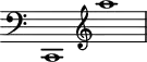 
\header { 
  tagline = ##f
\version "2.16.2"
}

\score {
  \new Staff \with {
    \remove "Time_signature_engraver"
  }
  \relative c {
    \key c \major
    \time 2/1
    \autoBeamOff
    \clef bass
    \override Rest #'style = #'classical
  c,1
  \clef treble
  a''''
  }
  \layout {
    \context {
      \Score
      \remove "Metronome_mark_engraver"
    }
  }
  \midi {}
}

