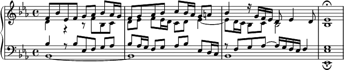 
\version "2.18.2"
\header {
  tagline = ##f
}
upper = \relative c'' {
  \clef treble 
  \key ees \major
  \time 4/4
  \tempo 4 = 60
  \set Staff.midiInstrument = #"organ"

   %% Fischer, fin de la fugue en mi-bémol
   << { f,8 bes ees, f g aes bes aes16 g } \\ { d4 r4 r8 f8 bes, c  } >>
   << { f8 g aes bes c bes16 aes g8 a } \\ { d,8 ees f ees16 d c8 d ees4~ } >>
   << { bes'4 r16 g f ees d8 ees4 d8 } \\ { ees8 d16 c bes8 c bes2 } >>
   << { ees1\fermata } \\ { bes1 } >>
   

}

lower = \relative c {
  \clef bass
  \key ees \major
  \time 4/4
  \set Staff.midiInstrument = #"organ"

   << { bes'4 r8 bes8[ ees, f] g aes } \\ { bes,1~ } >>
   << { bes'8 aes16 g f8 g aes bes ees, d16 c } \\ { bes1 } >>
   << { r8 f'8 g aes~ aes16 g f ees f4 } \\ { bes,1 } >>
   << { g'1 } \\ { < ees ees, >1\fermata } >>
}

\score {
  \new PianoStaff <<
    \new Staff = "upper" \upper
    \new Staff = "lower" \lower
  >>
  \layout {
    \context {
      \Score
      \remove "Metronome_mark_engraver"
    }
  }
  \midi { }
}
