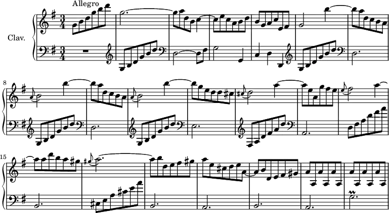
\version "2.18.2"
\header {
  tagline = ##f
}

%% les petites notes
trillG = { \tag #'print { g'2.\prall } \tag #'midi { a32 g a g~ g8~ g2 } }


upper = \relative c'' {
  \clef treble 
  \key g \major
  \time 3/4
  \tempo 4 = 160
  \set Staff.midiInstrument = #"harpsichord"

      g8^\markup{Allegro} b d g b d | g,2.~ | g8 a d, b c4~ | c8 e c a b d | b g a c e, fis | 
      % ms. 6
      g2 \repeat unfold 2 { b'4~ | b8 a d, c b a | \appoggiatura a8 b2 } b'4~ | 
      % ms. 11
      b8 g e d d cis | \appoggiatura cis8 d2 a'4~ | a8 e a, g' fis e | \appoggiatura e8 fis2 a4~ | a8 a d b a gis | 
      % ms. 16
      \appoggiatura gis8 a2.~ | a8 b d, e fis gis | a e cis d e a,~ | a b d, e fis gis | \repeat unfold 6 { a a, } | 

}

lower = \relative c' {
  \clef bass
  \key g \major
  \time 3/4
  \set Staff.midiInstrument = #"harpsichord"

    % **************************************
      R2. | \clef treble g8 b d g b d | \clef bass d,,2~ d8 fis | g2 g,4 | c d d, |
      % ms. 6
      \repeat unfold 2 { \clef treble g'8 b d g b d | \clef bass d,,2. } | \clef treble g8 b d g b d |
      % ms. 11
      \clef bass e,,2. | \clef treble fis8 a d fis a d | \clef bass a,,2. | d8 fis a d fis a  | b,,2. | 
      % ms. 16
      cis8 e a cis e a | b,,2. | a b a \trillG | 

}

thePianoStaff = \new PianoStaff <<
    \set PianoStaff.instrumentName = #"Clav."
    \new Staff = "upper" \upper
    \new Staff = "lower" \lower
  >>

\score {
  \keepWithTag #'print \thePianoStaff
  \layout {
      #(layout-set-staff-size 17)
    \context {
      \Score
     \override SpacingSpanner.common-shortest-duration = #(ly:make-moment 1/2)
      \remove "Metronome_mark_engraver"
    }
  }
}

\score {
  \keepWithTag #'midi \thePianoStaff
  \midi { }
}
