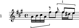 
\version "2.18.2"
\header {
  tagline = ##f
}

\score {
  \new Staff \with {

  }
<<
  \relative c' {
    \key a \major
    \time 4/4
    \set Staff.instrumentName = #"1"

     %% Prélude CBT I-19, BWV 864, la majeur — thème 1
     << { s4 r8 \[ fis'8 fis^\markup{i}[ e] \] } \\ { \stemDown \[ a,16 b cis a fis'8 \] fis fis16 dis e8 } >>
  }
>>
  \layout {
     \context { \Score \remove "Metronome_mark_engraver" }
  }
  \midi {} 
}
