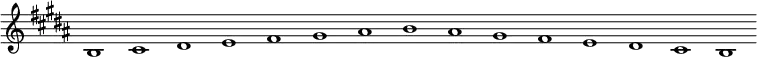 \new Staff {
\relative c' {
\key b \major
\override Staff.TimeSignature #'stencil = ##f
\override Staff.BarLine #'stencil = ##f
b1 cis dis e fis gis ais b ais gis fis e dis cis b
}
}
\midi {
\context {
\Score
tempoWholesPerMinute = #(ly:make-moment 120 1)
}
}