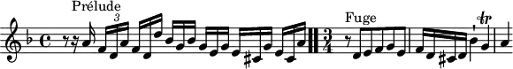 
\version "2.18.2"
\header {
  tagline = ##f
}

\score {
  \new Staff \with {
%fontSize = #-2
  }
<<
  \relative c'' {
    \key d \minor
    \time 4/4
	\set Staff.midiInstrument = #"harpsichord" 

     %% INCIPIT CBT I-6, BWV 851, ré mineur 
     r8 r16^\markup{Prélude} a16 \tuplet 3/2 { f16[ d a'] } \omit TupletNumber \tuplet 3/2 { f16 d d' } \tuplet 3/2 { bes16[ g bes] } \tuplet 3/2 { g e g } \tuplet 3/2 { e[ cis g'] } \tuplet 3/2 { e cis a' }  \bar ".."
     \time 3/4 
     r8^\markup{Fuge} d,8 e f g e f16 d cis d bes'4-! g\trill a4~ 
  }
>>
  \layout {
     \context { \Score \remove "Metronome_mark_engraver" 
     \override SpacingSpanner.common-shortest-duration = #(ly:make-moment 1/2) 
}
  }
  \midi {}
}
