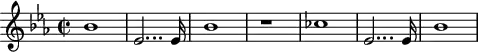 \header {
tagline = ##f
}
\score {
\new Staff \with {
}
<<
\relative c'' {
\key ees \major
\time 2/2
\tempo 2 = 80
\override TupletBracket #'bracket-visibility = ##f
%\autoBeamOff
\set Staff.midiInstrument = #"French horn"
%%%%%%%%%%%%%%%%%%%%%%%%%% AB 4-1 th1
bes1 ees,2... ees16 bes'1 r1 ces1 ees,2... ees16 bes'1
}
>>
\layout {
\context { \Score \remove "Metronome_mark_engraver"
}
}
\midi {}
}