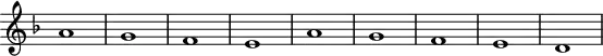 \version "2.14.2"
\header {
tagline = ##f
}
\score {
\new Staff \with {
\remove "Time_signature_engraver"
}
<<
\relative c'' {
\key f \major
\clef treble
\time 2/2
\tempo 2 = 120
\override TupletBracket #'bracket-visibility = ##f
\autoBeamOff
\set Staff.midiInstrument = #"harpsichord"
%%%%%%%%%%%%%%%%%%%%%%%%%% Romanesca mélodique
a1 g f e a g f e d \bar ".|"
}
>>
\layout {
\context { \Score \remove "Metronome_mark_engraver" }
\context {
\remove "Metronome_mark_engraver"
}
}
\midi {}
}
