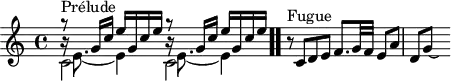 \version "2.18.2"
\header {
tagline = ##f
}
\score {
\new Staff \with {
}
<<
\relative c'' {
\key c \major
\time 4/4
%% INCIPIT CBT I-1, BWV 846, ut majeur
<< { s8*0^\markup{Prélude} \repeat unfold 2 { g'8\rest \repeat unfold 2 { g,16 c e } } } \\ { c,2 c } \\ { \stemDown \repeat unfold 2 { b'16\rest e,8._~ e4 } } >> \bar ".."
r8^\markup{Fugue} c8 d e f8. g32 f e8 a d, g~ \hideNotes g16
}
>>
\layout {
\context { \Score \remove "Metronome_mark_engraver"
\override SpacingSpanner.common-shortest-duration = #(ly:make-moment 1/2)
}
}
\midi {}
}