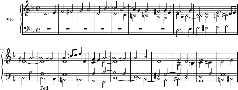 
\version "2.18.2"
\header {
  tagline = ##f
  % composer = "Bohuslav Matěj Černohorský"
  % opus = ""
  % meter = "Andante"
}

dux    = { d2. e4 | f2 fis | g a | d, } 
comes  = { d2. c4 | b2 bes | a g }

upper = \relative c' {
  \clef treble 
  \key d \minor
  \time  2/2
  \tempo 2 = 72

   % ms. 1
   << { \dux bes'2~ | bes a~ | a4 g g2 | fis g4 e | f2. g4 | 
       c,2 d | e2. d8 e | fis2 g~ | g fis } 
   \\ { s1*4 \comes d'4 a bes2~ |
       bes a | b cis | d1~ | d } >>
   % ms. 13
   << { g4  b8 c d4 d, | f e g2~ | g fis | g a d,1 } 
    \\ { d1 | c2 d~ | d1 } >>
   % ms. 18
   << { e2 d | e1 |  } 
   \\ { a,2. b4 | c2 cis | d e } >>

}

lower = \relative c {
  \clef bass
  \key d \minor
  \time  2/2

   % ms. 1 et 8
   R1*7 \dux bes'2 
   << { a1 | g | a2 bes~ | bes a e1 | fis2 g~ | g f | e a | g1 } 
   \\ { s8*0-\markup{Ped.} \comes d'1~ | d2 c~ | c bes | cis d | a1 | b2 cis } >>

} 

\score {
  \new PianoStaff <<
    \set PianoStaff.instrumentName = #"org."
    \new Staff = "upper" \upper
    \new Staff = "lower" \lower
  >>
  \layout {
      #(layout-set-staff-size 17)
    \context {
      \Score
     \override SpacingSpanner.common-shortest-duration = #(ly:make-moment 1/2)
      \omit TupletNumber
      \remove "Metronome_mark_engraver"
    }
  }
  \midi { \set Staff.midiInstrument = #"church organ" }
}
