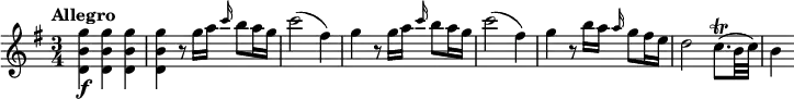 \relative c''' {
\version "2.18.2"
\tempo "Allegro"
\key g \major
\time 3/4
<g b, d,>4\f q q |
q4 r8 g16 a \grace c16 b8 a16 g |
c2( fis,4) |
g4 r8 g16 a \grace c b8 a16 g |
c2( fis,4) |
g4 r8 b16 a \grace a g8 fis16 e |
d2 c8.(\trill b32 c) |
b4
}