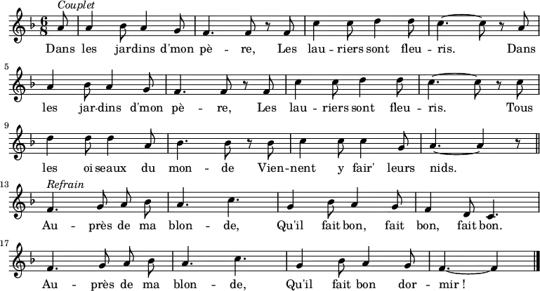 
\new Staff {
\relative c'' {
  \key f \major
  \numericTimeSignature 
  \time 6/8
  \tempo 4. = 102
  \autoBeamOff
  \partial 8

  a8^ \markup { \italic Couplet }
  a4 bes8 a4 g8
  f4. f8 r f
  c'4 c8 d4 d8
  c4. ~ c8 r a \break
  a4 bes8 a4 g8
  f4. f8 r f
  c'4 c8 d4 d8
  c4. ~ c8 r c \break
  d4 d8 d4 a8
  bes4. bes8 r bes
  c4 c8 c4 g8
  a4. ~ a4 r8 \break \bar "||"
  f4.^ \markup { \italic Refrain } g8 a bes
  a4. c
  g4 bes8 a4 g8
  f4 d8 c4. \break
  f g8 a bes
  a4. c
  g4 bes8 a4 g8
  f4. ~ f4 \bar "|."
} }
\addlyrics { 
\lyricmode {
    Dans les jar -- dins d'mon pè -- re,
    Les lau -- riers sont fleu -- ris.
    Dans les jar -- dins d'mon pè -- re,
    Les lau -- riers sont fleu -- ris.
    Tous les oi -- seaux du mon -- de
    Vien -- nent y fair' leurs nids.
  
    Au -- près de ma blon -- de,
    Qu'il fait bon, fait bon, fait bon.
    Au -- près de ma blon -- de,
    Qu'il fait bon dor -- mir_!
} }

  \layout {
    \context {
      \Score
      \remove "Metronome_mark_engraver"
    }
  }
  \midi {
    \context {
      \Score
      \remove "Metronome_mark_engraver"
      %tempoWholesPerMinute = #(ly:make-moment 360 8)
    }
  }

