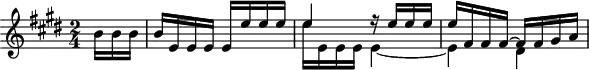 \version "2.18.2"
\header {
tagline = ##f
}
\score {
\new Staff \with {
}
<<
\relative c'' {
\key e \major
\time 2/4
\set Staff.midiInstrument = #"harpsichord"
\override TupletBracket #'bracket-visibility = ##f
%\autoBeamOff
%%%%%
\partial 8.
b16 b b | b e, e e e e' e e | << { e4 r16 e16 e e | e fis, fis fis~ fis fis gis a } \\ { e'16 e, e e e4~ | e dis } >>
}
>>
\layout {
\context { \Score \remove "Metronome_mark_engraver" }
}
\midi {}
}
