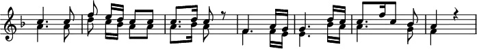 
\header {
  tagline = ##f
}

\score {
  \new Staff \with {
    \remove "Time_signature_engraver"
  }
<<
  \relative c'' {
    \key f \major
    \time 2/4
    \override TupletBracket #'bracket-visibility = ##f 
    \autoBeamOff

     %%%%%%%%%%%%%%%%%%%%%%%%%% K Anh 24a
     << { c4. c8 f e16[ d] c8 c c8.[ d16] c8 r8 f,4. a16[ g] g4. d'16[ c] c8.[ f16 c8] bes a4 r4 } \\ { a4. a8 d8 c16[ bes] a8 a a8.[ bes16] a8 s8 f4. f16[ e] e4. bes'16[ a] a4. g8 f4 s4 } >>

  }

  \addlyrics {
     Ach, was müs- sen wir er- fah- ren? Wie ! Jo- se- pha lebt nicht mehr
  }
>>
  \layout {
    \context {
      \remove "Metronome_mark_engraver"
    }
  }
  \midi {}
}
