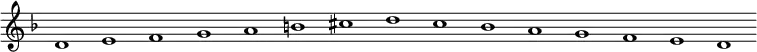 \new Staff {
\relative c' {
\key d \minor
\override Staff.TimeSignature #'stencil = ##f
\override Staff.BarLine #'stencil = ##f
d1 e f g a b cis d c bes a g f e d
}
}
\midi {
\context {
\Score
tempoWholesPerMinute = #(ly:make-moment 120 1)
}
}