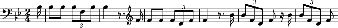 \header {
tagline = ##f
}
\score {
\new Staff \with {
}
<<
\relative c'' {
\clef treble
\key bes \major
\time 2/4
\tempo 2 = 58
\override TupletBracket #'bracket-visibility = ##f
%\autoBeamOff
\set Staff.midiInstrument = #"French horn"
%%%%%%%%%%%%%%%%%%%%%%%%%% AB 4-2 th1
\partial 16 \clef bass bes,16 bes8 bes \times 2/3 { bes8 f bes } bes4 r8.
\clef treble f'16 f8 f \times 2/3 { f8 d f } f4 r8.
bes16 \times 2/3 { bes8 f d } f8 r16 bes16 \times 2/3 { bes8 f d } f
}
>>
\layout {
\context { \Score \remove "Metronome_mark_engraver"
}
}
\midi {}
}