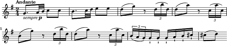 \relative c' {
\version "2.18.2"
\key g \major
\time 2/4
\tempo "Andante"
\tempo 4 = 60
g'8._\markup { \italic sempre \dynamic p } a32 b c8 c
b8. c32 d e8 e
d (g) r8 \tuplet 3/2 { d16 (b' d,) }
d8 (a') r8 \tuplet 3/2 { c,16 (a' c,) }
b8 (g') r8 \tuplet 3/2 { d16 (b' d,) }
d8 (a') r8 \tuplet 3/2 { c,16 (a' c,) }
\tuplet 3/2 { b (a g) } g-! g-! g-! a-! b-! cis-!
cis8 (d)
}