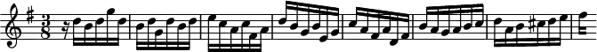 
\version "2.18.2"
\header {
  tagline = ##f
}

\score {
  \new Staff \with {

  }
<<
  \relative c' {
    \clef treble
    \key g \major
    \time 3/8

     %% SUJET fugue CBT II-15, BWV 884, sol majeur
     r16 d'16 b d g d b d g, d' b d e c a c fis, a | d b g b e, g | c a fis a d, fis | b a g a b c d a b cis d e 
{ 
 % suppression des warnings :
 #(ly:set-option 'warning-as-error #f)
 #(ly:expect-warning (_ "stem does not fit in beam")) %% <= à traduire éventuellement
 #(ly:expect-warning (_ "beam was started here")) %% <= à traduire éventuellement
  \set stemRightBeamCount = #2
  fis4*1/4[ s]
}

  }
>>
  \layout {
     \context { \Score \remove "Metronome_mark_engraver" 
     \override SpacingSpanner.common-shortest-duration = #(ly:make-moment 1/2)
}
  }
  \midi {} 
}
