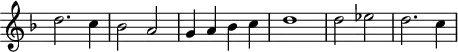 \header {
tagline = ##f
}
\score {
\new Staff \with {
\remove "Time_signature_engraver"
}
<<
\relative c'' {
\key f \major
%\clef bass
\time 2/2
\override TupletBracket #'bracket-visibility = ##f
%%% f° 54v
d2. c4 bes2 a g4 a bes c d1 d2 ees d2. c4
}
>>
\layout {
\context { \Score \remove "Metronome_mark_engraver" }
}
\midi {}
}