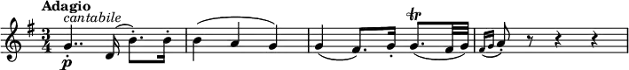 \version "2.18.2"
\relative c'' {
\key g \major
\time 3/4
\tempo "Adagio"
\tempo 4 = 60
g4..-. \p ^ \markup{ \italic cantabile} d16 ( b'8.-.) b16-.
b4 (a g)
g (fis8.) g16-. g8. \trill (fis32 g)
\grace {fis16 (g} a8-.) r r4 r
}