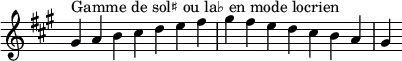 {
\override Score.TimeSignature #'stencil = ##f
\relative c'' {
\key gis \locrian
\clef treble \time 7/4
gis4^\markup { Gamme de sol♯ ou la♭ en mode locrien } a b cis d e fis gis fis e d cis b a gis
} }