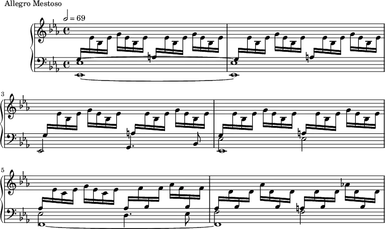 \version "2.18.2"
\header {
tagline = ##f
}
upper = \relative c'' {
\clef treble
\key ees \major
\time 4/4
\tempo 2 = 69
%\autoBeamOff
%%Montgeroult — Étude 62 (pdf p. 198)
% manque la dynamique impossible à mettre dans la boucle de répétition
\repeat unfold 4 { \stemUp \change Staff = "lower" g,16 \stemDown \change Staff = "upper" ees' bes ees g ees bes ees \stemUp \change Staff = "lower" a,16 \stemDown \change Staff = "upper" ees' bes ees g ees bes ees }
\stemUp \change Staff = "lower" aes,16 \stemDown \change Staff = "upper" ees' c ees g ees c ees \stemUp \change Staff = "lower" aes, \stemDown \change Staff = "upper" f' \stemUp \change Staff = "lower" bes, \stemDown \change Staff = "upper" f' aes f \stemUp \change Staff = "lower" bes, \stemDown \change Staff = "upper" f'
\stemUp \change Staff = "lower" aes,16 \stemDown \change Staff = "upper" d \stemUp \change Staff = "lower" bes \stemDown \change Staff = "upper" d aes' d, \stemUp \change Staff = "lower" bes \stemDown \change Staff = "upper" d
\stemUp \change Staff = "lower" a!16 \stemDown \change Staff = "upper" d \stemUp \change Staff = "lower" bes \stemDown \change Staff = "upper" d aes'! d, \stemUp \change Staff = "lower" bes \stemDown \change Staff = "upper" d
\change Staff = "lower"
}
lower = \relative c {
\clef bass
\key ees \major
\time 4/4
< ees ees,>1~ q ees,2 g4. bes8
<< { \stemDown ees2 ees ees d4. ees8 f2 f \stemNeutral } \\ { ees,1 f~ f } >>
}
\header {
piece = "Allegro Mestoso"
}
\score {
\new PianoStaff <<
\new Staff = "upper" \upper
\new Staff = "lower" \lower
>>
\layout {
\context {
\Score
}
}
\midi { }
}