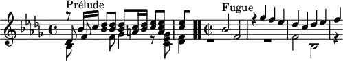 
\version "2.18.2"
\header {
  tagline = ##f
}

\score {
  \new Staff \with {

  }
<<
  \relative c'' {
    \key bes \minor
    \time 4/4
	\set Staff.midiInstrument = #"harpsichord" 

     %% INCIPIT CBT I-22, BWV 867, si-bémol majeur
     << { s8*0^\markup{Prélude} r8 bes16 c < des bes >8 q q < c a >16 < des bes > < ees c >8 < ees c a > 
{ 
 % suppression des warnings :
 #(ly:set-option 'warning-as-error #f)
 #(ly:expect-warning (_ "stem does not fit in beam")) %% <= à traduire éventuellement
 #(ly:expect-warning (_ "beam was started here")) %% <= à traduire éventuellement
  \set stemRightBeamCount = #1
  < ees c >4*1/2[ s]
}
 } \\ { bes,8 s4 f'8 ges4 r8 < ges ees c >8 < f des >4 } \\ { des8 f8 } >> \bar ".."

     \time 2/2 \partial 1
     << { s4*0^\markup{Fugue} bes2 f r4 ges'4 f ees des c des ees f } \\ { R1*2 f,2 bes, r4 } >>

  }
>>
  \layout {
     #(layout-set-staff-size 17)
     \context { \Score \remove "Metronome_mark_engraver" 
     \override SpacingSpanner.common-shortest-duration = #(ly:make-moment 1/2) 
}
  }
  \midi {}
}
