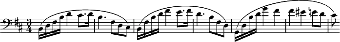 \header {
tagline = ##f
}
\score {
\new Staff \with {
}
<<
\relative c {
\key b \minor
\time 3/4
\clef bass
\override TupletBracket #'bracket-visibility = ##f
%\autoBeamOff
%%%%%%%%%%%%%%%%%%%%%%%%%% Préludes Opus 28/6
b16( d fis b d4 cis8. d16 b4. fis8 d cis)
b16( fis' b d fis4 e8. fis16 d4. b8 fis d)
g,16( d' b' d g4 fis fis eis e!8 d cis )
}
>>
\layout {
\context {
\remove "Metronome_mark_engraver"
}
}
\midi {}
}