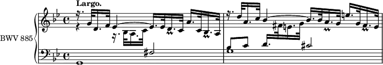 \version "2.18.2"
\header {
tagline = ##f
}
Pralldsp = { \tag #'print { d16._\prall } \tag #'midi { \times 2/3 { ees64 d ees } d16 } }
Prallfissp = { \tag #'print { fis16._\prall } \tag #'midi { \times 2/3 { g64 fis g } fis16 } }
Prallasp = { \tag #'print { a16._\prall } \tag #'midi { \times 2/3 { bes64 a bes } a16 } }
Prallbessp = { \tag #'print { bes16._\prall } \tag #'midi { \times 2/3 { c64 bes c } bes16 } }
upper = \relative c'' {
\clef treble
\key g \minor
\time 4/4
\tempo 8 = 84 % tempo de Keller
\set Staff.midiInstrument = #"harpsichord"
%% PRÉLUDE CBT II-16, BWV 885, sol mineur
<< { s4*0^\markup{\bold "Largo."} r16. g32 d16. f32 ees4~ ees16. ees32 \Pralldsp c32 a'16. c,32 \Prallbessp a32 | r16. d'32 a16. c32 bes4~ bes16. bes32 \Prallasp g32 e'16. g,32 \Prallfissp e32 } \\ { r4 r16. bes32 a16. c32 } >>
}
lower = \relative c {
\clef bass
\key g \minor
\time 4/4
\set Staff.midiInstrument = #"harpsichord"
<<{ s2 fis2 bes8 c d16. \stemDown \change Staff = "upper" fis32 e16. g32 \stemUp \change Staff = "lower" cis,2 } \\ { g,1 g' }>>
}
thePianoStaff = \new PianoStaff <<
\set PianoStaff.instrumentName = #"BWV 885"
\new Staff = "upper" \upper
\new Staff = "lower" \lower
>>
\score {
\keepWithTag #'print \thePianoStaff
\layout {
\context {
\Score
\remove "Metronome_mark_engraver"
}
}
}
\score {
\keepWithTag #'midi \thePianoStaff
\midi { }
}
