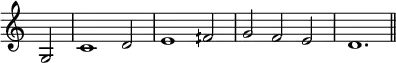 \relative c' { \cadenzaOn \omit Staff.TimeSignature \tempo 1 = 90 \set Score.tempoHideNote = ##t g2 \bar "|" c1 d2 \bar "|" e1 fih2 \bar "|" g fih e \bar "|" d1. \bar "||" }