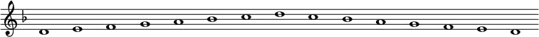 \new Staff {
\relative c' {
\key d \minor
\override Staff.TimeSignature #'stencil = ##f
\override Staff.BarLine #'stencil = ##f
d1 e f g a bes c d c bes a g f e d
}
}
\midi {
\context {
\Score
tempoWholesPerMinute = #(ly:make-moment 120 1)
}
}