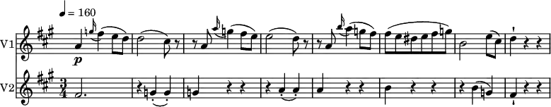 << \new Staff \with { instrumentName = #"V1"}
\relative c'' {
\version "2.18.2"
\key a \major
\time 3/4
\tempo 4 = 160
\omit Staff.TimeSignature
\set Score.currentBarNumber = #108
a4 \p \grace g'16 (fis4) (e8 d)
d2 (cis8) r
r a \grace a'16 (g4) (fis8 e)
e2 (d8) r
r a \grace b'16 (a4) (g8 fis)
fis (e dis e fis g)
b,2 e8 (cis) d4-! r r
}
\new Staff \with { instrumentName = #"V2"}
\relative c' {
\key a \major
\time 3/4
fis2. r4 g-. (g-.) g r r
r a-. (a-.) a r r
b r r r b (g) fis-! r r
}
>>
