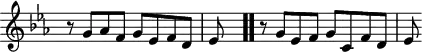 
\version "2.18.2"
\header {
  tagline = ##f
}

\score {
  \new Staff \with {
    \remove "Time_signature_engraver"
  }
<<
  \relative c'' {
    \key c \minor
    \time 8/8
    \set Staff.midiInstrument = #"harpsichord" 

     %% INCIPIT CBT II-2, BWV 871, ut mineur
     r8 g8[ aes f] g[ ees f d] ees s8 \bar ".."
     \time 5/4
     r8 g8[ ees f] g[ c, f d] ees

  }
>>
  \layout {
     \context { \Score \remove "Metronome_mark_engraver" }
  }
  \midi {}
}
