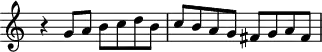 \header {
tagline = ##f
}
\score {
\new Staff \with {
\remove "Time_signature_engraver"
}
<<
\relative c'' {
\key c \major
%\clef bass
\time 2/2
\override TupletBracket #'bracket-visibility = ##f
%%% f° 33-33v
r4 g8 a b c d b c b a g fis g a fis
}
>>
\layout {
\context { \Score \remove "Metronome_mark_engraver" }
}
\midi {}
}