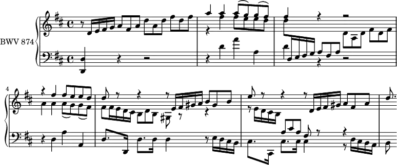 
\version "2.18.2"
\header {
  tagline = ##f
}

%% PRÉLUDE CBT II-5, BWV 874, ré majeur

%#(define ((double-time-signature) grob)
  % (grob-interpret-markup grob
   %   (markup #:override '(baseline-skip . 0) #:number
   %     (#:line ((markup (#:musicglyph "timesig.C22"))
   %              (#:center-column ("12" "8")))))))

upper = \relative c' {
  \set Staff.midiInstrument = #"harpsichord" 
  \clef treble 
  \key d \major
  \tempo 4 = 84

 % \override Staff.TimeSignature.stencil = #(double-time-signature)
  \time 4/4

  \tuplet 3/2 { r8 d16 e fis g a8 fis a d a d fis d fis } |
  << {
    a4 a a8( g) g( fis) | fis4 r4 r2 | r4 fis4 fis8 e e d | d r8 r4 \tuplet 3/2 { r8 e,16[ fis gis a] b8 gis b } |
    e r8 r4 \tuplet 3/2 { r8 d,16 e fis gis a8 fis a } | d8.
  } \\ {
    r4 fis4 fis8 e e d |
    \tuplet 3/2 { d \stemUp \change Staff = "lower" d,,16 e fis g a8 fis a \stemDown \change Staff = "upper" d a d fis d fis } |
    a4 a a8( g) g( fis) | \tuplet 3/2 { fis fis16 e d cis b8 d b } gis r8 r4 |
    \tuplet 3/2 { r8 e'16 d cis b \stemUp \change Staff = "lower" \voiceOne a8 cis a } fis8 r r4 |
  } >>
}

lower = \relative c {
  \set Staff.midiInstrument = #"harpsichord" 
  \clef bass 
  \key d \major
  %\override Staff.TimeSignature.stencil = #(double-time-signature)
  \time 4/4
  
  < d d, >4 r4 r2 | r4 d' a' a, | d r4 r2 | r4 d, a' a, |
  d8.*8/9 d,16*4/3 d'8.*8/9 d16*4/3 d4 \tuplet 3/2 { r8 \stemDown e16 d cis b } |
  \voiceTwo cis8.*8/9 cis,16*4/3 cis'8.*8/9 cis16*4/3 cis4 \tuplet 3/2 { r8 d16 cis b a } |
  b8
} 

\score {
  \new PianoStaff <<
    \set PianoStaff.instrumentName = #"BWV 874"
    \new Staff = "upper" \upper
    \new Staff = "lower" \lower
  >>
  \layout {
    \context {
      \Score
      \remove "Metronome_mark_engraver"
      \override SpacingSpanner.common-shortest-duration = #(ly:make-moment 1/2)
    }
    \context {
      \Staff
      \omit TupletBracket
      \omit TupletNumber
    }
  }
  \midi { }
}
