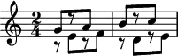 
\header {
  tagline = ##f
}

\score {
  \new Staff \with {

  }
<<
  \relative c'' {
    \key c \major
    \time 2/4
    \override TupletBracket #'bracket-visibility = ##f 
    \autoBeamOff

     %%%%%%%%%%%%%%%%%%%%%%%%%% K1b
     << { g8[ r8 a] } \\ { r8 e8[ r8 f] } >>
     << { b8[ r8 c] } \\ { r8 d,8[ r8 e] } >>

  }
>>
  \layout {
    \context {
      \remove "Metronome_mark_engraver"
    }
  }
  \midi {}
}
