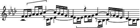 
\version "2.18.2"
\header {
  tagline = ##f
}

\score {
  \new Staff \with {
    \remove "Time_signature_engraver"
  }
<<
  \relative c' {
    \key f \minor
    \time 4/4

     %% Divertissements — fugue CBT I-12, BWV 857, fa mineur
     << { f8 \[ f16 g aes8 aes16 bes c4~ \] c16 bes aes g | f4 r4 aes4~ aes16 ges f ees |des4 } \\ { r2 r8 c16 des ees4~ ees8 \[ des16 ees f8 f16 g r8 \] aes,16 bes c4~ c8 bes16 c } >>

  }
>>
  \layout {
     \context { \Score \remove "Metronome_mark_engraver" 
     \override SpacingSpanner.common-shortest-duration = #(ly:make-moment 1/2) 
}
  }
  \midi {} 
}
