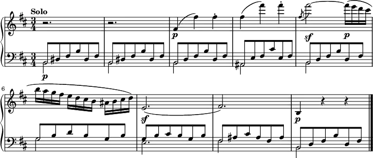 
  \new PianoStaff <<
    \new Staff = "up" \relative c' {
      
  \clef treble 
  \key b \minor
  \time 3/4
  \tempo "Solo"
  r2. r2.
   fis4 
  \p (fis') fis-. |
   fis (fis') fis-. | 
   \slashedGrace fis,8 (fis'2~ \sf) fis16 \p (e d cis |
   b a g fis e d cis b ais b cis d) |
   e,2. \sf (|
   fis) |
   b,4 \p r4 r4 |
   
   \bar "|."
}
    \new Staff = "down" \relative c {
  \clef bass
  \time 3/4
  \key b \minor
  \mergeDifferentlyHeadedOn 
   <<{b8 \p dis8 fis b dis, fis } \\ {b,2 } >> |
   <<{b8 dis8 fis b dis, fis } \\ {b,2 } >> |
   <<{b8 d8 fis b d, fis } \\ {b,2 } >> |
   <<{ais8 e'8 fis cis' e, fis } \\ {ais,2 } >> |
   <<{b8 d8 fis b d, fis } \\ {b,2 } >> |
   
   <<{g'8 b d b g b } \\ {g2 } >> |
   <<{g8 b cis b g b } \\ {e,2. } >> |
   <<{fis8 ais cis ais fis ais } \\ {fis2 } >> |
   <<{b,8 d8 fis b d, fis } \\ {b,2 } >> |
   \bar "|."
}
  >>
