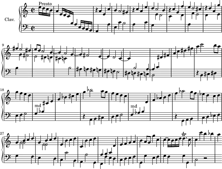 \version "2.18.2"
\header {
tagline = ##f
}
%% les petites notes
trillD = { \tag #'print { d4.\trill } \tag #'midi { e32 d e d e d~ d16~ d8 } }
% \repeat unfold 2 {}
upper = \relative c'' {
\clef treble
\key a \minor
\time 2/2
\tempo 2 = 88
\set Staff.midiInstrument = #"harpsichord"
\partial 4
s8*0^\markup{Presto} e16 d c b | a4 \stemUp e16 d c \change Staff = "lower" b a4 s4 \change Staff = "upper" r4 a'4 e c' | b a2 gis4 | r4 c4 a e' \stemUp | d c2 b4 | \stemUp r4 c g f' |
% ms. 7
e4 d2 cis4 | r4 d4 a g' fis e2 dis4 | e8 d c2 b4~ | b a2 g4~ | g fis2 e4~ | e d2 c4~ |
% ms. 14
c4 \stemUp \change Staff = "lower" b2 a4~ | a c \stemNeutral \change Staff = "upper" dis4 fis | a c dis fis | a4 c2 b8 a | g4 f e d | \stemUp \change Staff = "lower" g,,4^\markup{md} bes \stemNeutral \change Staff = "upper" cis4 e | g bes cis e |
% ms. 21
g4 bes2 a8 g | f4 e d c | \stemUp \change Staff = "lower" f,,4^\markup{md} aes b \stemNeutral \change Staff = "upper" d4 f aes b d | f aes2 g8 f | ees4 d c d | << { g,4 b c d | g,4 b c d } \\ { s4 g,2 s2 e2 s4 } >> |
% ms. 29
e4 b' c d | c,4 b' c d | \stemUp \change Staff = "lower" a,4 b c \stemNeutral \change Staff = "upper" d4 e f g a | b a8 g g'4 c, | c4~ c16 b c d \trillD c8 |
% ms. 35
c4 c' b bes | a
}
lower = \relative c' {
\clef bass
\key a \minor
\time 2/2
\set Staff.midiInstrument = #"harpsichord"
% *****************************
s4 s2. e,16 d c b | a4 s2 a'4 | e c' b2 | a4 s2 c4 | g \stemDown \change Staff = "upper" e' d2 | c4 s2 d4 |
\change Staff = "lower" a4 \stemDown \change Staff = "upper" f'4 e2 | d4 s2 e4 | \change Staff = "lower" b4 \stemDown \change Staff = "upper" g'4 fis2 | e dis4 d | cis c \change Staff = "lower" b2 | ais4 a gis g | fis f e2 |
% ms. 14
dis4 d cis c | b2 s2 s1 | r4 b4 cis dis | e f g2 | s1 s1 |
% ms. 21
r4 a,4 b cis d e f2 | s1 s1 | r4 g,4 a b c d ees f | g \stemDown \change Staff = "upper" g'2 \change Staff = "lower" f,4
% ms. 28
e4 \stemDown \change Staff = "upper" e'2 \change Staff = "lower" d,4 | c c'2 b,4 | a a'2 g,4 | f f' e d | c d e f | g, g' e f g f g g, |
% ms. 35
c2 r2 | s4
}
thePianoStaff = \new PianoStaff <<
\set PianoStaff.instrumentName = #"Clav."
\new Staff = "upper" \upper
\new Staff = "lower" \lower
>>
\score {
\keepWithTag #'print \thePianoStaff
\layout {
#(layout-set-staff-size 17)
\context {
\Score
\override SpacingSpanner.common-shortest-duration = #(ly:make-moment 1/2)
\remove "Metronome_mark_engraver"
}
}
}
\score {
\keepWithTag #'midi \thePianoStaff
\midi { }
}