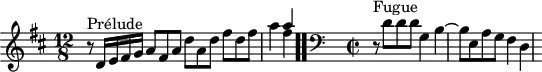 \version "2.18.2"
\header {
tagline = ##f
}
\score {
\new Staff \with {
%fontSize = #-2
}
<<
\relative c' {
\key d \major
\time 12/8
\set Staff.midiInstrument = #"harpsichord"
%% INCIPIT CBT II-5, BWV 874, ré majeur
r8^\markup{Prélude} d16 e fis g a8 fis a d a d fis d fis | a4 << { a4 } \\ { fis4 } >> | \once \override Staff.TimeSignature #'stencil = ##f \time 4/8 \bar ".."
\skip 16*1
\override Staff.Clef.extra-offset = #'( -1 . 0 )
\clef bass
\time 2/2
r8^\markup{Fugue} d,8 d d g,4 b~ b8 e, a g fis4 d
}
>>
\layout {
\context { \Score \remove "Metronome_mark_engraver"
\override SpacingSpanner.common-shortest-duration = #(ly:make-moment 1/2)
}
}
\midi {}
}