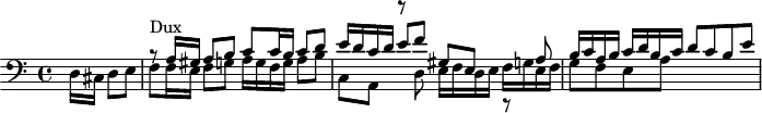 \version "2.18.2"
\header {
tagline = ##f
}
Trans = \transpose a d \relative { a16 gis a8 b c c16 b c8 d e16 d c d e8 fis g,8 e r8 a8 b16 c a b c16 d b c d8 c b e } %deux modifications
DuxNotes = \relative { b8\rest a16 gis a8 b c c16 b c8 d e16 d c d e8 f gis,8 e r8 a8 b16 c a b c16 d b c d8 c b e }
Dux = { s4*0^\markup{Dux} \DuxNotes }
\score {
\new Staff \with {
}
<<
\relative c {
\clef bass
\key a \minor
\time 4/4
\set Score.currentBarNumber = #65
%% SUJET fugue CBT I-20, BWV 865, la mineur
\partial 2
<< { s8 \stemDown \Trans } \\ { s2 \stemUp \Dux } >>
}
>>
\layout {
\context { \Score \remove "Metronome_mark_engraver"
%\override SpacingSpanner.common-shortest-duration = #(ly:make-moment 1/2)
}
}
\midi {}
}