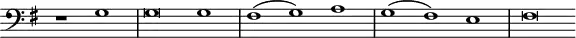 
\header {
  tagline = ##f
}

\score {
  \new Staff \with {
    \remove "Time_signature_engraver"
  }
<<
  \relative c' {
    \clef bass
    \key g \major
    \time 3/1
    %\set Staff.midiInstrument = #"violin"
    \override TupletBracket #'bracket-visibility = ##f

     %%%%%%%%%%%
     \partial 1*2 r1 g1 g\breve g1 fis( g) a g( fis) e fis\breve

  }
>>
  \layout {
     \context { \Score \remove "Metronome_mark_engraver" }
  }
  \midi {}
}
