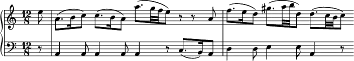 \version "2.18.2"
\header {
tagline = ##f
}
upper = \relative c'' {
\clef treble
\key a \minor
\time 12/8
\tempo 4. = 58
\tempo "Siciliana"
\override TupletBracket.bracket-visibility = ##f
\set Staff.midiInstrument = #"recorder"
%%Telemann, exemple Sicilienne
\partial 8 e8
a,8.( b16 c8) c8.( b16 a8) a'8.( g32 f e8) r8 r8 a,8 | f'8.( e16 d8) gis8.( a32 b d,8) d8.( c32 b c8)
}
lower = \relative c {
\clef bass
\key a \minor
\time 12/8
\set Staff.midiInstrument = #"orchestral harp"
r8 | a4 a8 a4 a8 a4 r8 c8.( b16) a8 | d4 d8 e4 e8 a,4 r8
%% \figuremode {
%% s4.*3 < 6 >4. s4. < _+ >4 < 7_+ >8 < 5 4 >4
%% }
}
\header {
piece = ""
}
\score {
\new PianoStaff <<
\new Staff = "upper" \upper
\new Staff = "lower" \lower
>>
\layout {
\context {
\Score
\remove "Metronome_mark_engraver"
}
}
\midi { }
}