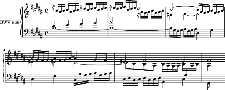 \version "2.18.2"
\header {
tagline = ##f
}
upper = \relative c'' {
\clef treble
\key b \major
\time 4/4
\tempo 4 = 80
\set Staff.midiInstrument = #"harpsichord"
%% PRÉLUDE CBT I-23, BWV 868, si majeur
<< { r16 b ais b cis ais b cis r16 dis cis dis e cis dis e r16 e dis e fis cis dis e dis2 cis~ cis16 ais gis ais b gis ais b~ b gis fis gis ais fis gis ais~ ais4 gis8 fis eis4 fis2 eis4 fis1*1/4 } \\ { s1 s2 r16 ais gis ais b gis ais b eis,4 fis~ fis2 eis4 e dis2~ dis8 cis b ais b16 ais gis ais b \stemUp \change Staff = "lower" gis \stemDown \change Staff = "upper" ais b ais4 } >>
}
lower = \relative c' {
\clef bass
\key b \major
\time 4/4
\set Staff.midiInstrument = #"harpsichord"
<< { dis4 e fis gis ais2 } \\ { b,1~ b~ b16 gis fis gis ais fis gis ais dis,4 gis cis, fis b,16 ais' gis ais b gis ais b cis, dis b cis dis b cis dis gis,4 cis fis,16 } >>
}
\score {
\new PianoStaff <<
\set PianoStaff.instrumentName = #"BWV 868"
\new Staff = "upper" \upper
\new Staff = "lower" \lower
>>
\layout {
\context {
\Score
\remove "Metronome_mark_engraver"
\override SpacingSpanner.common-shortest-duration = #(ly:make-moment 1/2)
}
}
\midi { }
}