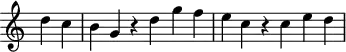 \header {
tagline = ##f
}
\score {
\new Staff \with {
\remove "Time_signature_engraver"
}
<<
\relative c'' {
\key c \major
%\clef bass
\time 3/2
\override TupletBracket #'bracket-visibility = ##f
%%% f° 7
\partial 2 d4 c b g r4 d'4 g f e c r4 c e d
}
>>
\layout {
\context { \Score \remove "Metronome_mark_engraver" }
}
\midi {}
}